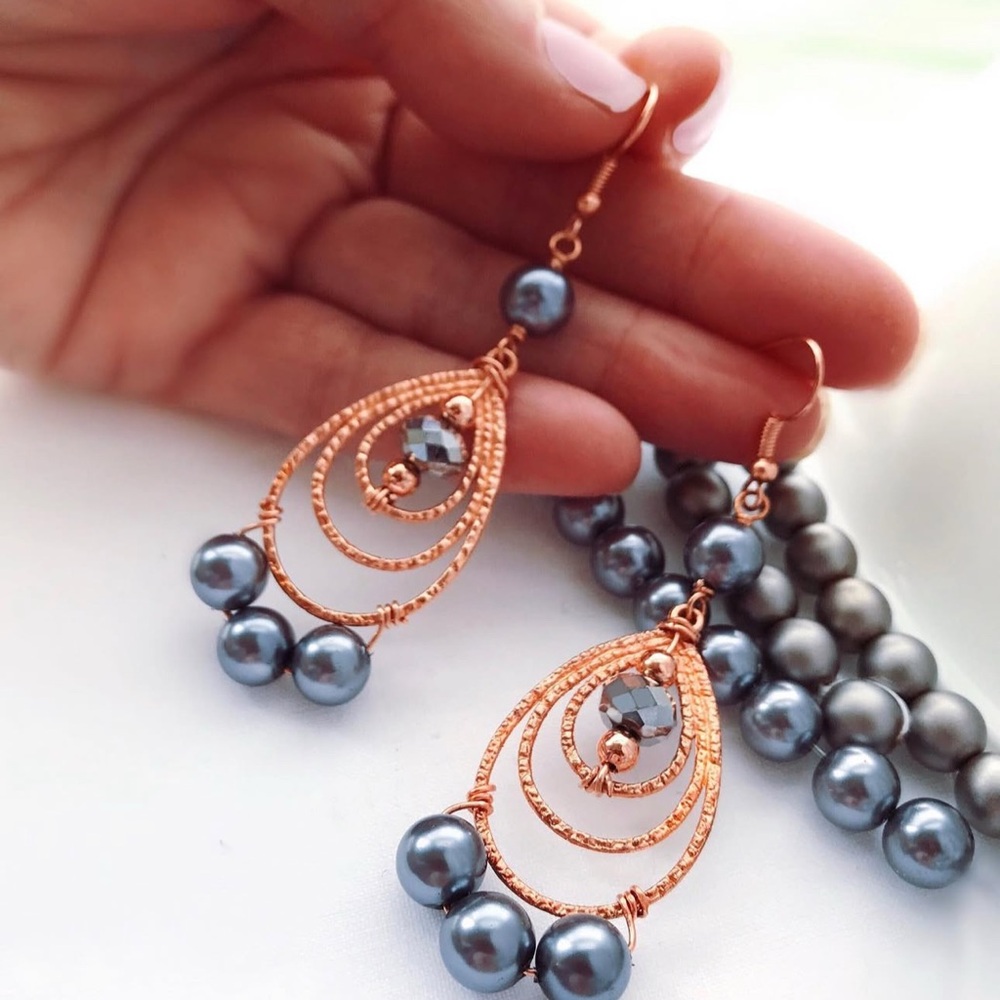 Elegant Copper Earrings with Pearl Gray Accents NWOT